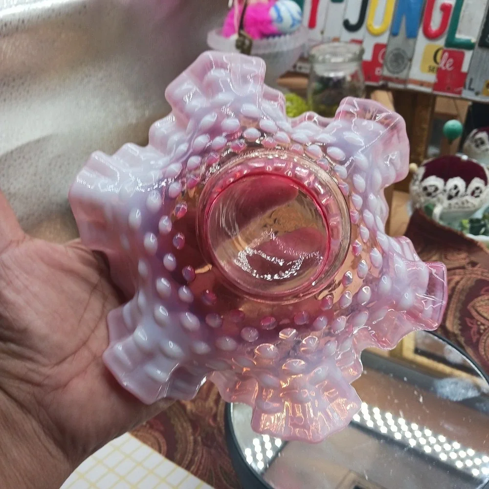 Vintage Fenton Pink Cranberry Opalescent Hobnail Ruffle Votive Bon Bon Dish 6